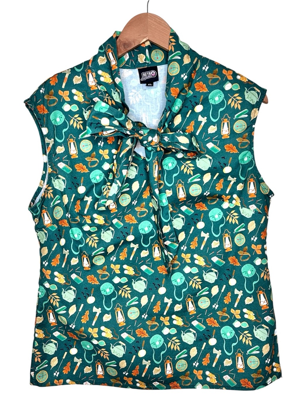 Retrolicious Bow Blouse Camper Print Size XL Tie-Neck Sleeveless Top Green Multi